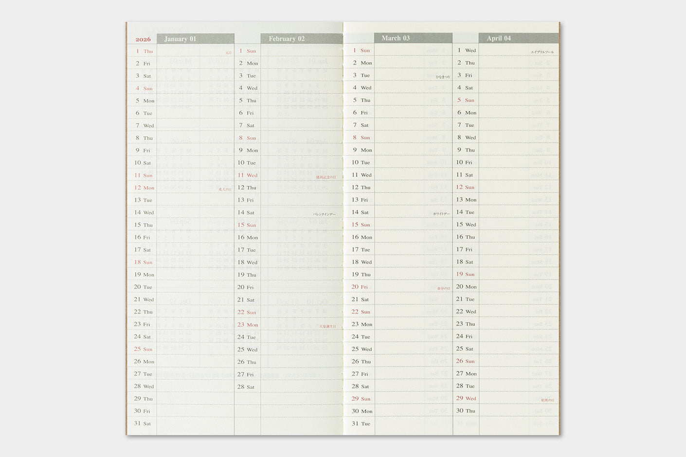 TRAVELER'S notebook Refill- Regular Size- 2026 Weekly Calendar and Memo Diary