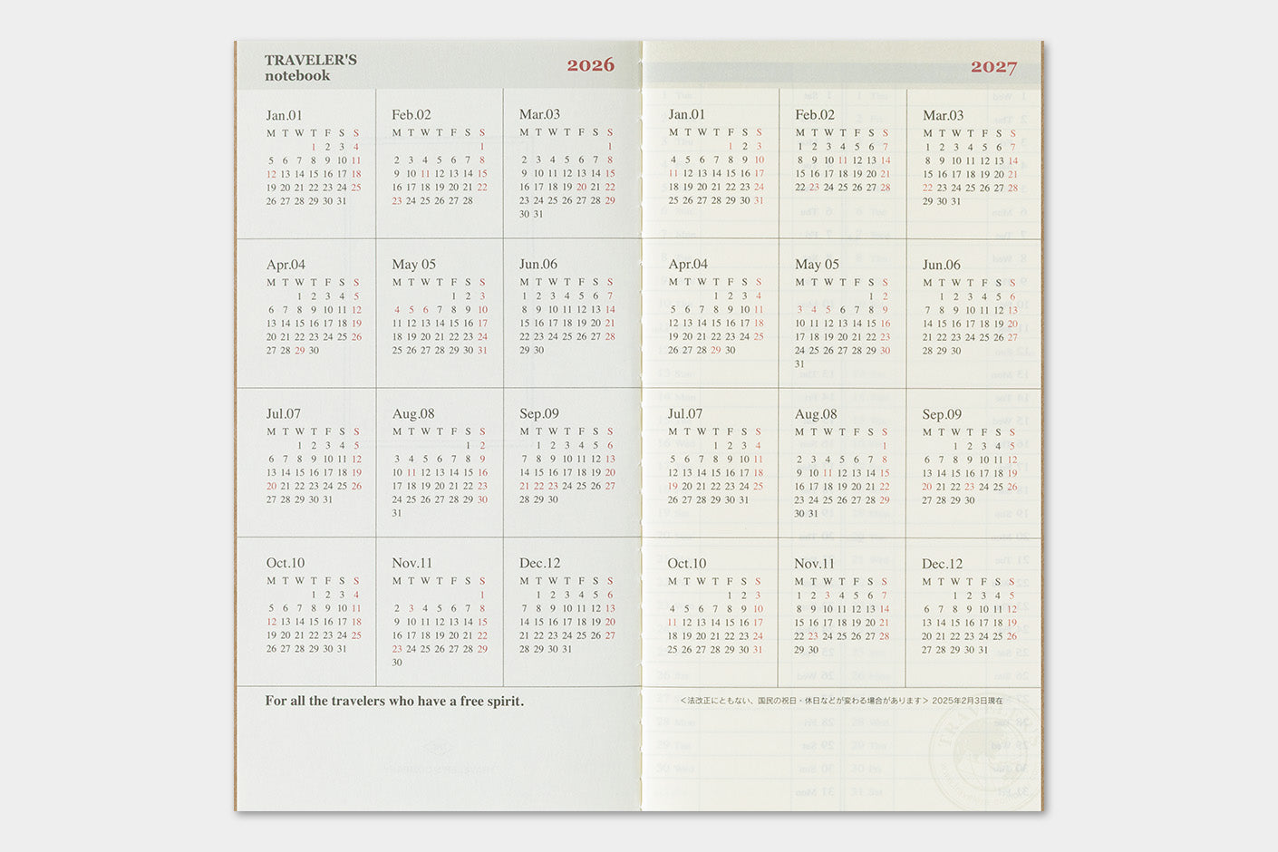TRAVELER'S notebook Refill- Regular Size- 2026 Weekly Calendar and Memo Diary