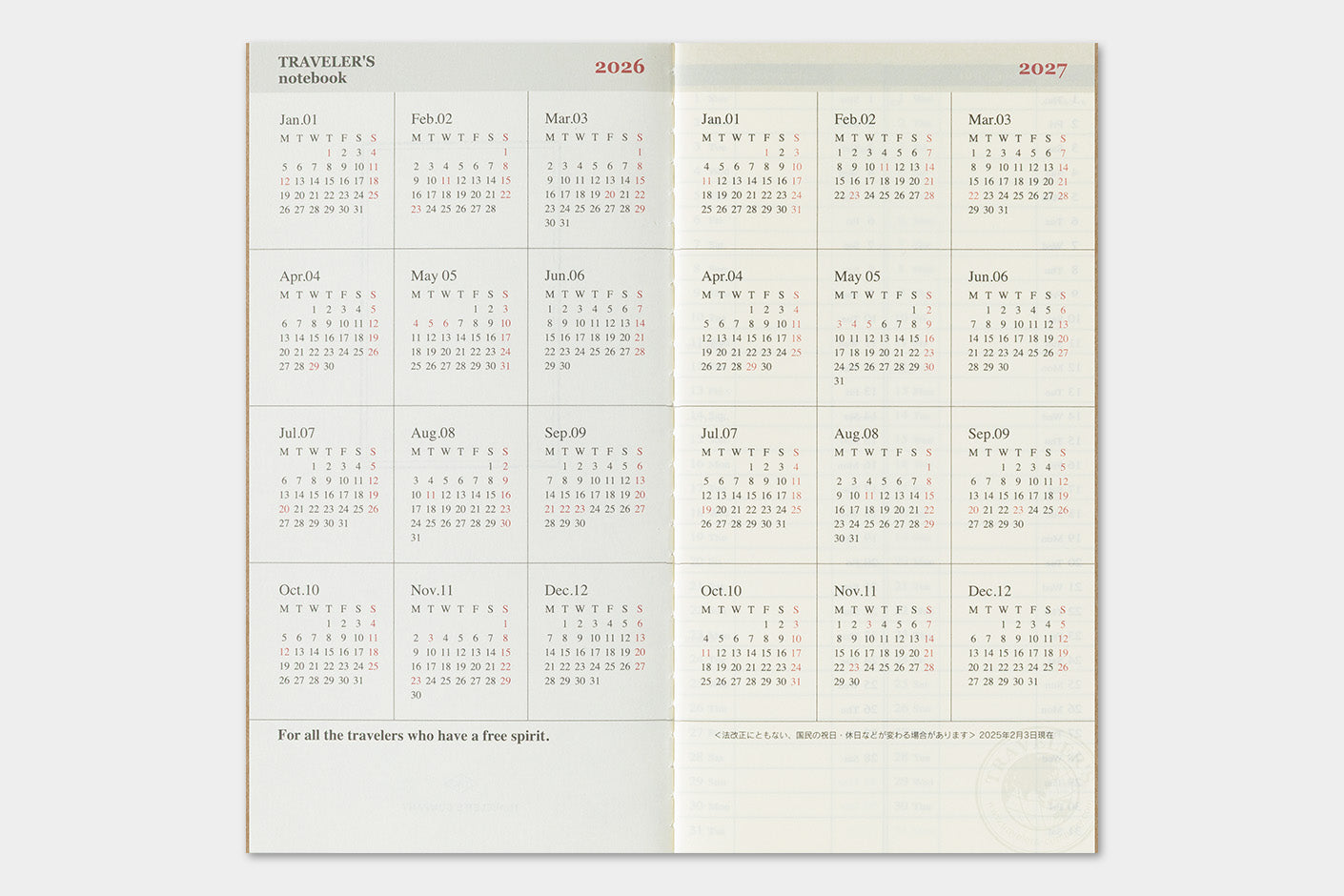 TRAVELER'S notebook Refill- Regular Size- 2026 Weekly Vertical Diary