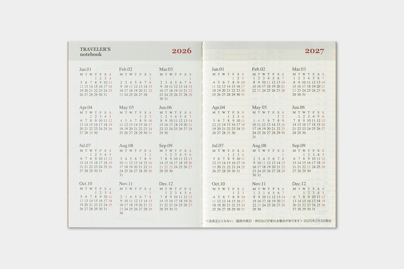 TRAVELER'S notebook Refill- Passport Size- 2026 Weekly Diary