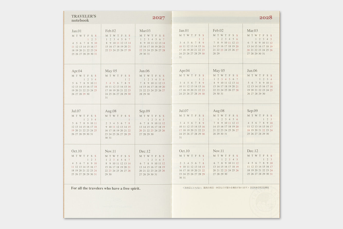 TRAVELER'S notebook Regular Size Refill- 2027 Monthly Diary showing year at a glance pages- a two-year calendar for 2027 and 2028. The pages are cream-colored with a minimalist design, featuring monthly grids with dates in black and red text.