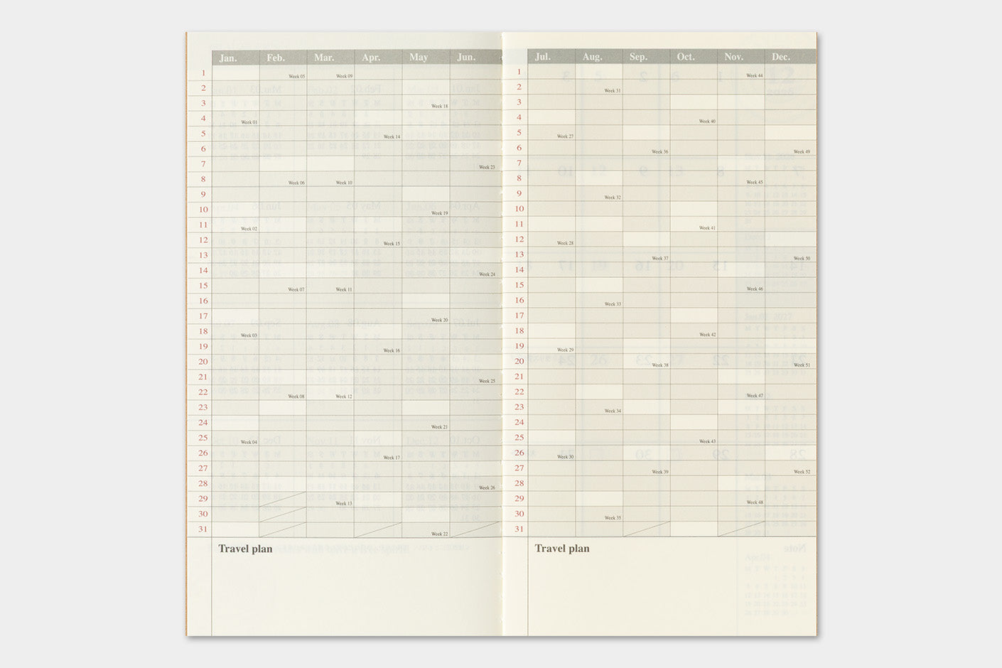 TRAVELER'S notebook Regular Size Refill- 2027 Monthly Diary- year at a glance travel journal page shown open for 2027