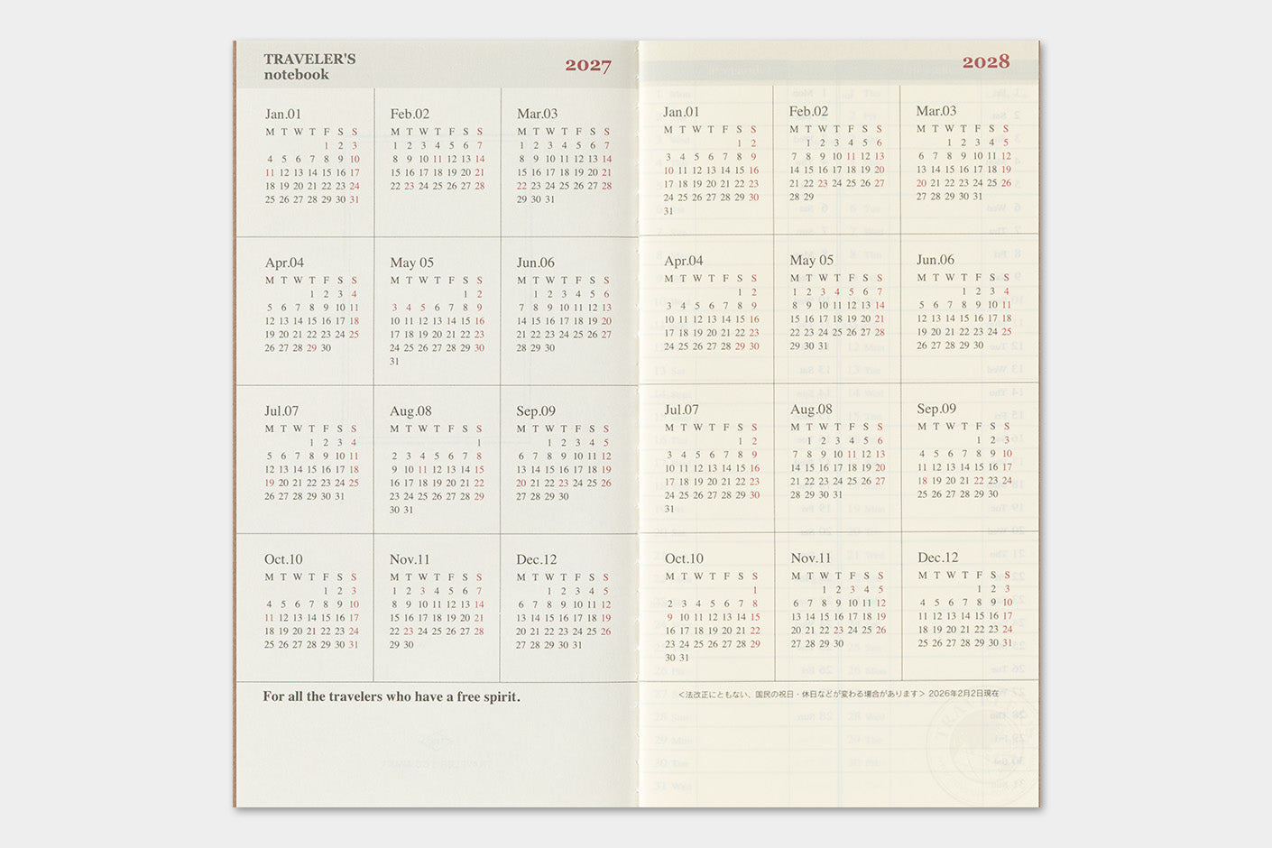 TRAVELER'S notebook Refill- Regular Size- 2027 Weekly Calendar and Memo Diary showing open two-page calendar layout for 2027 and 2028