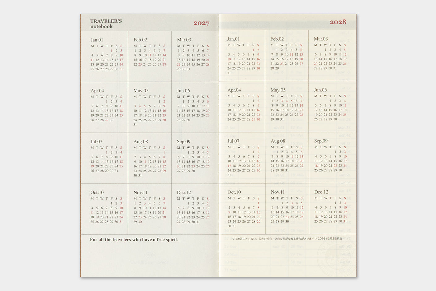 TRAVELER'S notebook Refill- Regular Size- 2027 Weekly Vertical Diary image showing year at a glance pages for 2027 and 2028
