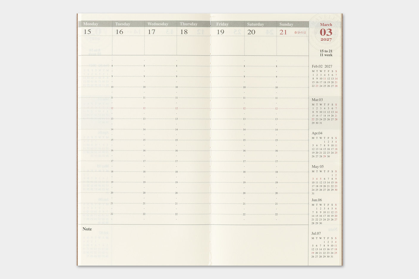TRAVELER'S notebook Refill2027 Weekly Vertical Diary image showing week at a glance pages by the hour in vertical format for a week in March, 2027