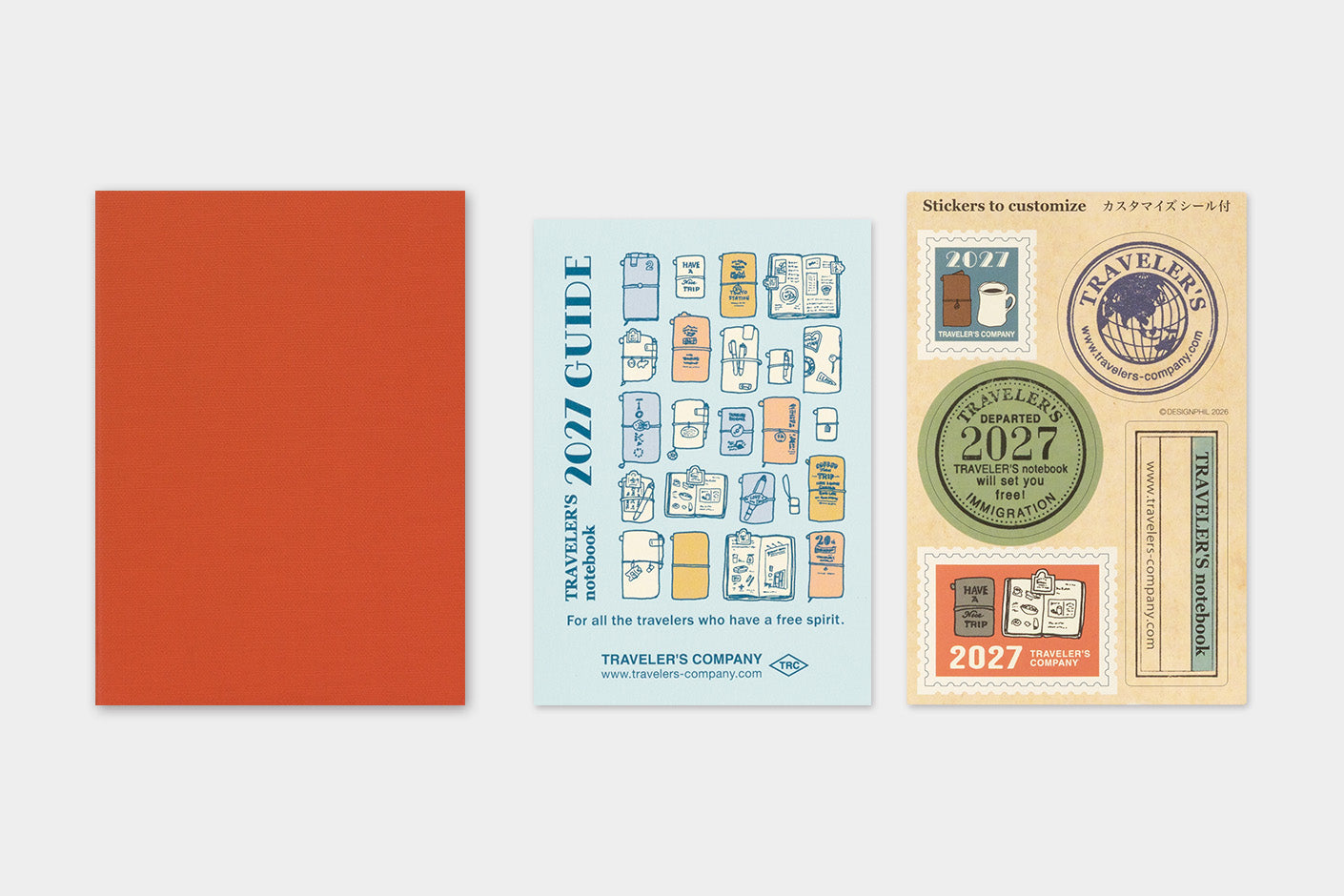 TRAVELER'S notebook Passport Size 2027 Monthly Diary showing front cover, guide, and sticker sheet