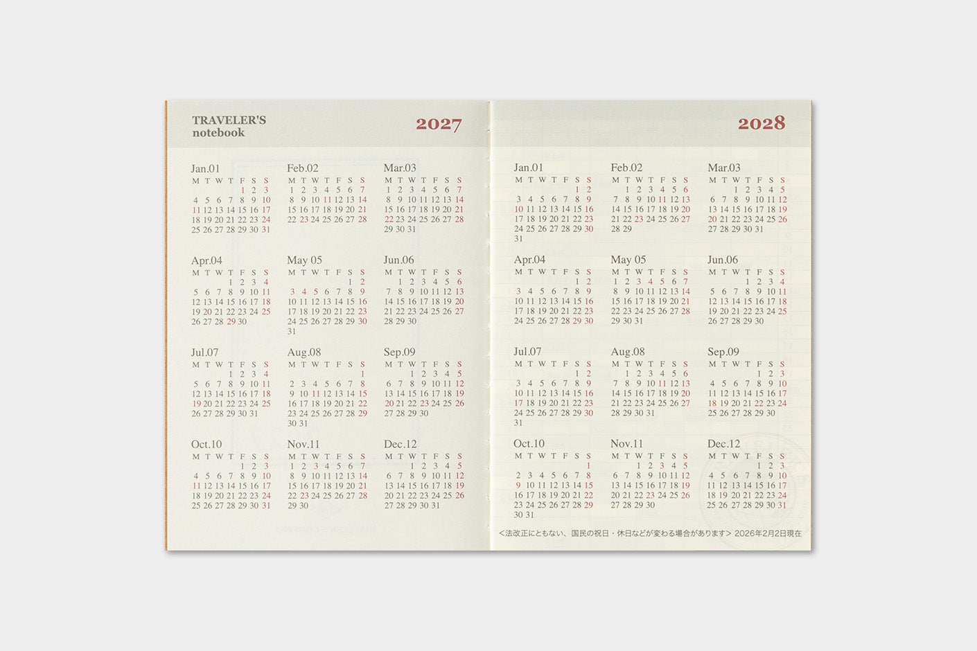 TRAVELER'S notebook Passport Size 2027 Monthly Diary year at a glance pages for 2027 and 2028