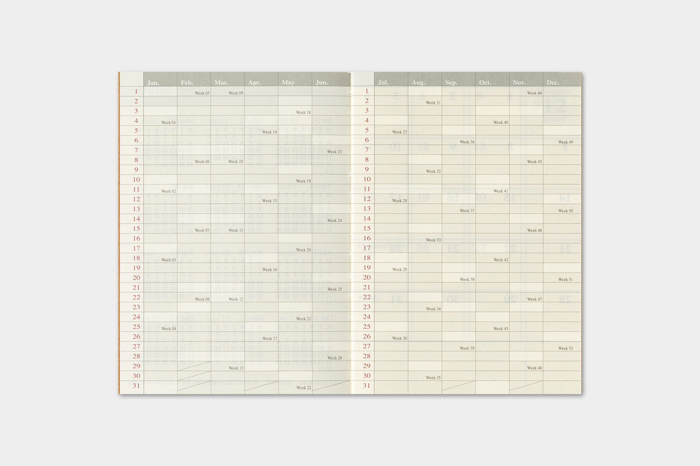 TRAVELER'S notebook Passport Size 2027 Monthly Diary year at a glance page with daily boxes