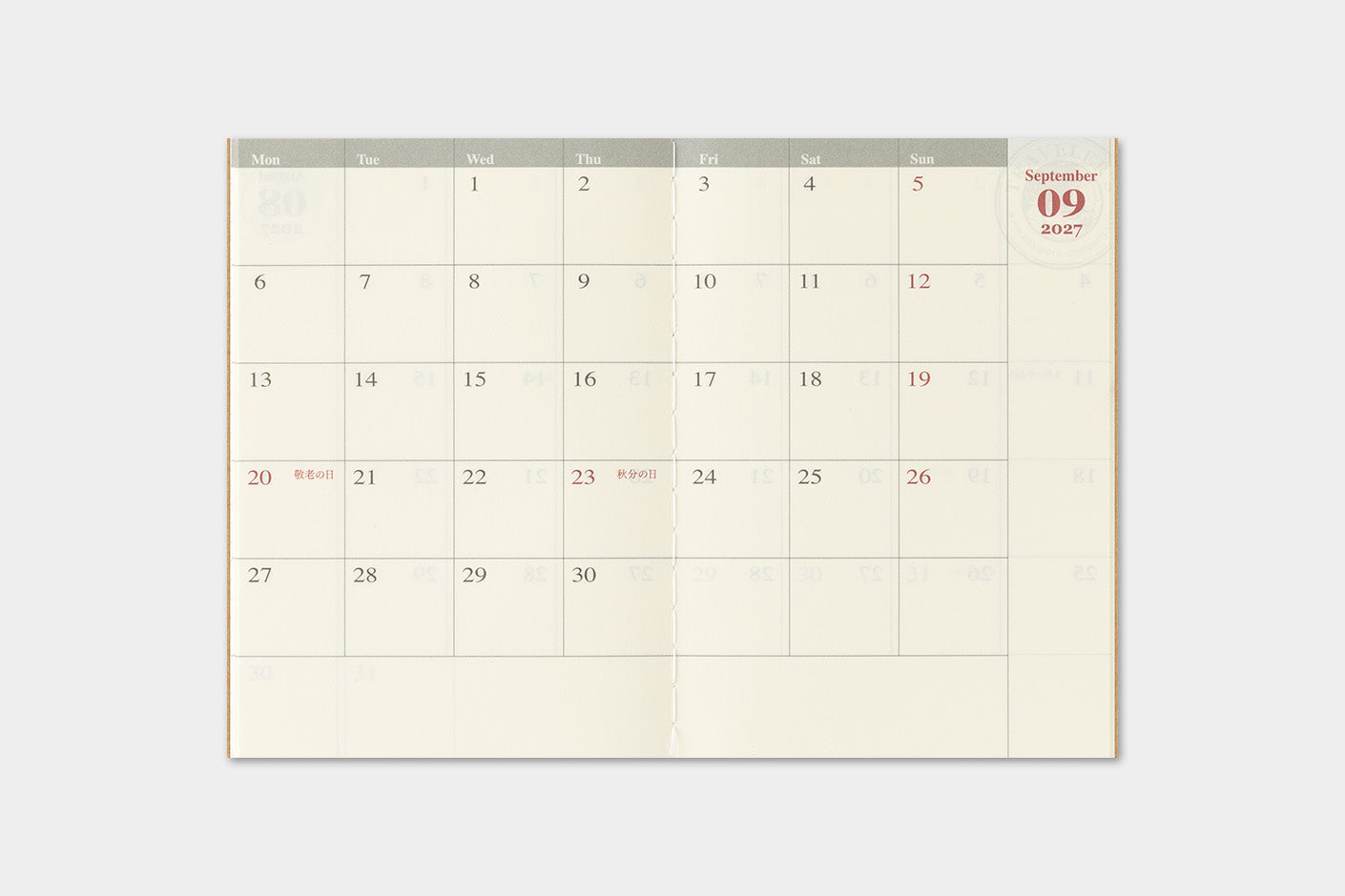 TRAVELER'S notebook Passport Size 2027 Monthly Diary month at a glance 2-page layout September, 2027 example