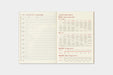 TRAVELER'S notebook Passport Size 2027 Monthly Diary open planner/travel log with two cream-colored pages, featuring red and black printed sections for travel planning, conversion charts, and temperature logs.