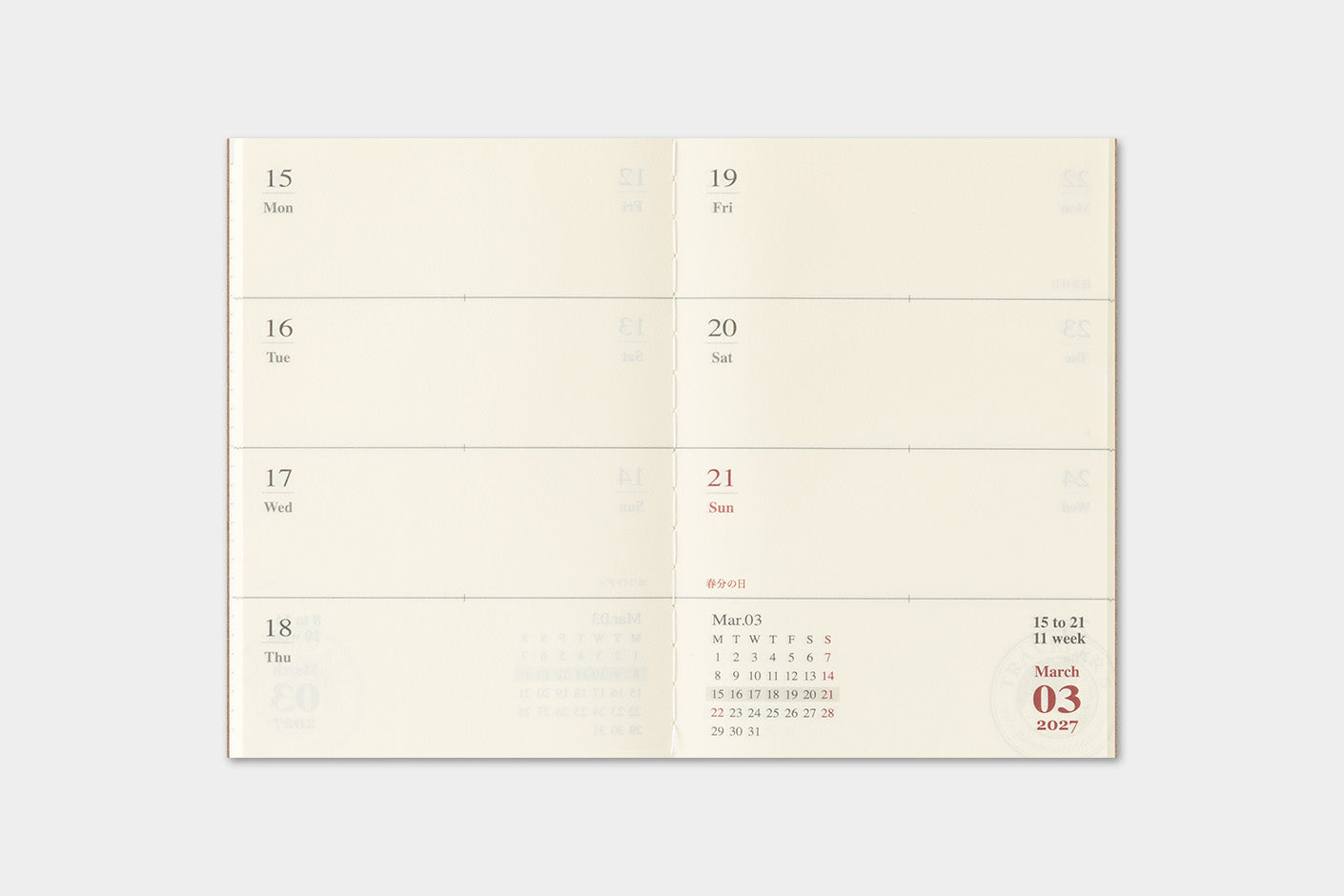 TRAVELER'S notebook Refill- Passport Size- 2027 Weekly Diary showing week at a glance page for March 15 through 21, 2027