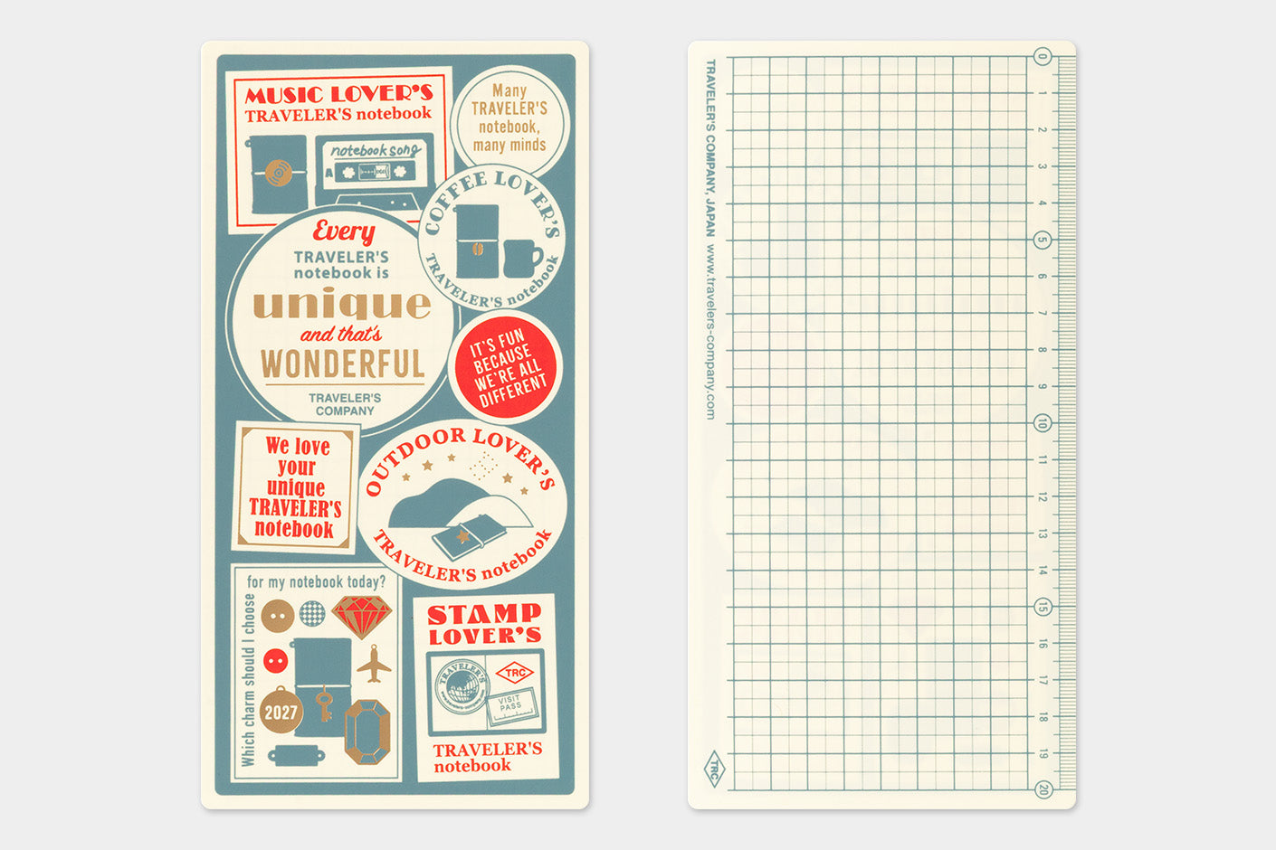 TRAVELER'S notebook 2027 Regular Plastic Sheet image showing both front,  and back of sheet with grid pattern and metric rule.