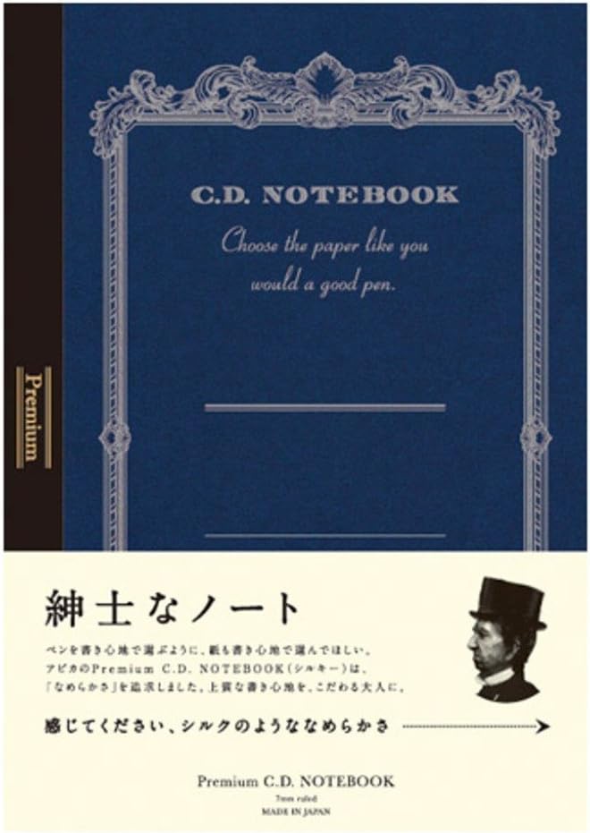 C.D. Notebook with decorative cover and text on a blue background showing wrapper