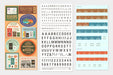 A set of travel-themed sticker designs and a matching alphabet sheet from Traveler's Company. The set includes retro-style labels, stamps, and a calendar  month labels.