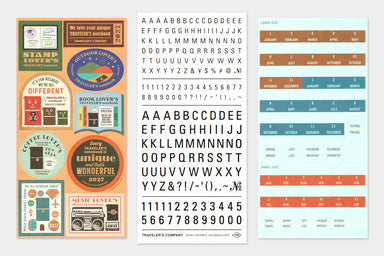 A set of travel-themed sticker designs and a matching alphabet sheet from Traveler's Company. The set includes retro-style labels, stamps, and a calendar  month labels.