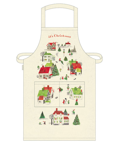 Cavallini & Co. Christmas Village Holiday Cotton Apron-Beige apron with Christmas-themed design of houses and trees on a white background