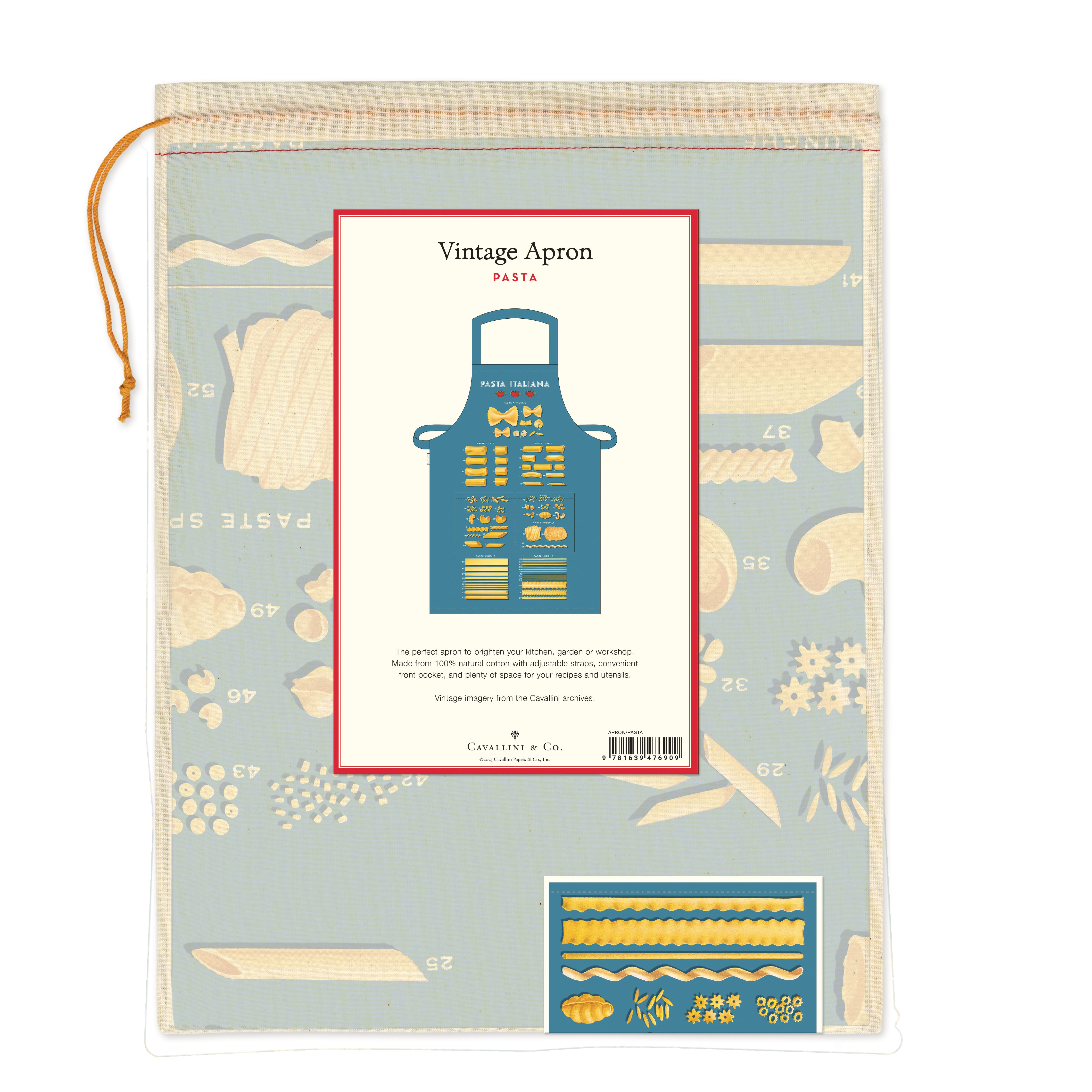 Vintage apron packaging with pasta illustrations on a light blue background