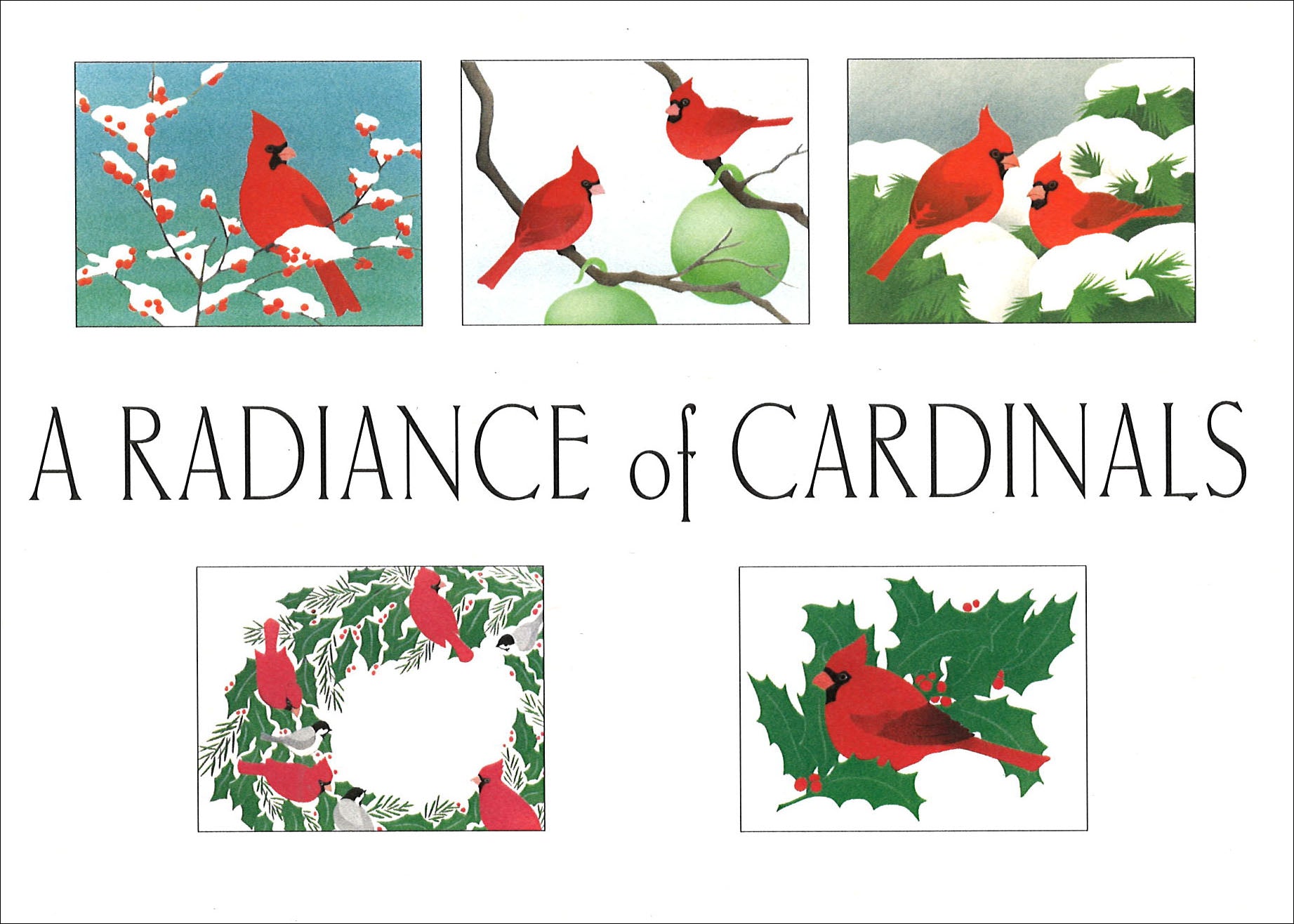 Crane Creek Graphics Radiance of Cardinals Holiday Notecard Folio front of box images showing examples of notecards