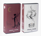 Two product boxes for 'Angel Chime' fairy candles by Pluto Design, shown side-by-side against a white background. The left box is dark dusty rose with a black silhouette of a fairy under a crescent moon, and the right box is white with a silver-toned fairy chime and candle illustration.