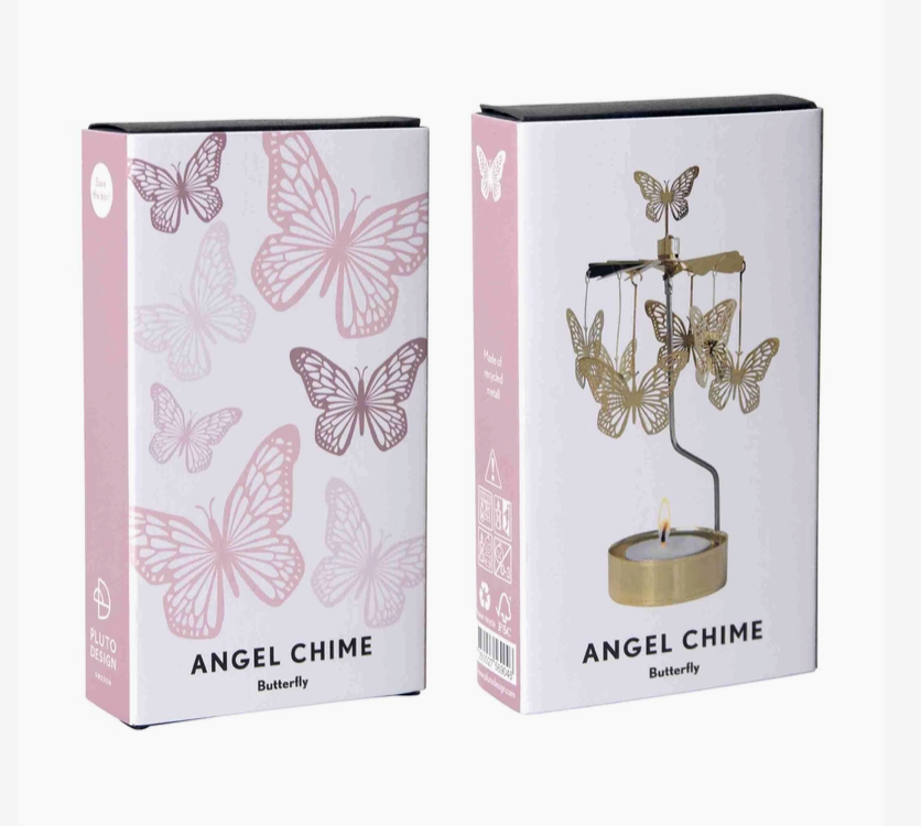 Two product boxes for Angel Chime Butterfly, one showing pink butterfly line art and the other showing a gold butterfly  chime candle holder with a lit candle inside.