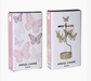 Two product boxes for Angel Chime Butterfly, one showing pink butterfly line art and the other showing a gold butterfly  chime candle holder with a lit candle inside.