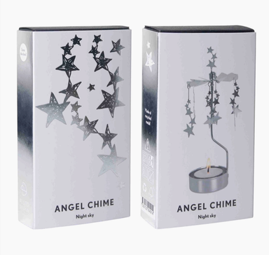 2 boxes with "Angel Chime Night Sky." ne box with silver star drawing on white background. The other with image of rotary spinner with silver stars and a tea light on white background.