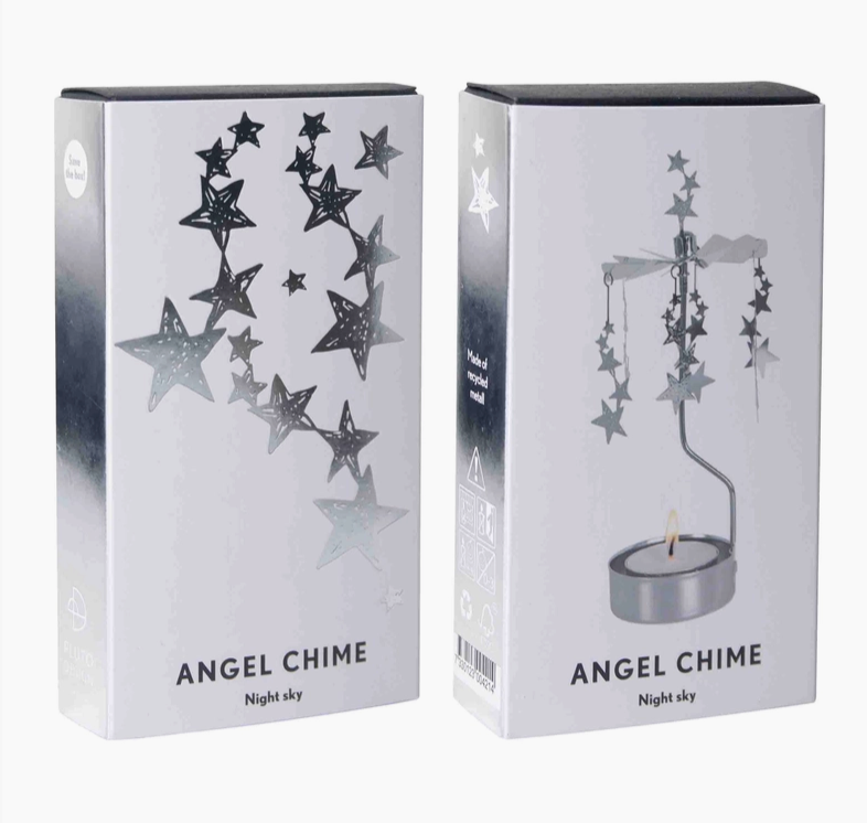 2 boxes with "Angel Chime Night Sky." ne box with silver star drawing on white background. The other with image of rotary spinner with silver stars and a tea light on white background.