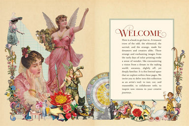 Interior page from The Antiquarian Sticker Book: Mysterium showing a vintage-style image with a cream background, ornate border details, a winged female figure in pink, a seated woman with flowers, a large yellow flower, and a welcome text panel on the right.
