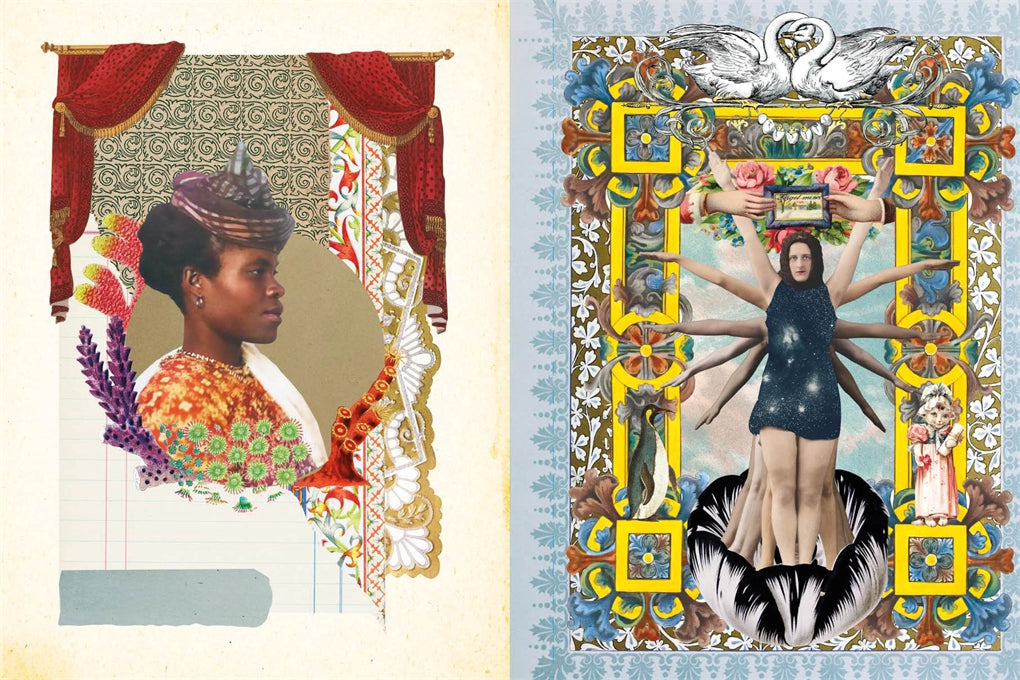 Interior page example from The Antiquarian Sticker Book: Mysterium- A split collage artwork showing two distinct illustrated scenes side by side: on the left, a portrait of a Black woman framed by red curtains and floral elements; on the right, a highly decorative multicolored scene with a central figure, floral borders, and a swan at the top.