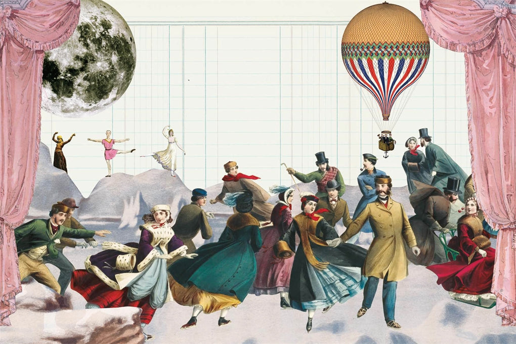 Interior page example from The Antiquarian Sticker Book: Mysterium- A vintage-style illustrated scene with many people dancing and gathering in a surreal setting. Pink curtains frame the left and right sides, a large moon appears in the upper left, and a striped hot air balloon floats in the upper right.