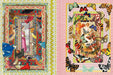 Interior page example from The Antiquarian Sticker Book: Mysterium- Two  panels shown side by side, each featuring a dense vintage-style illustration with many butterflies, birds, floral motifs, and a central figure in a pink dress. The left panel has a red and gold ornate border, and the right panel has a pink patterned border.