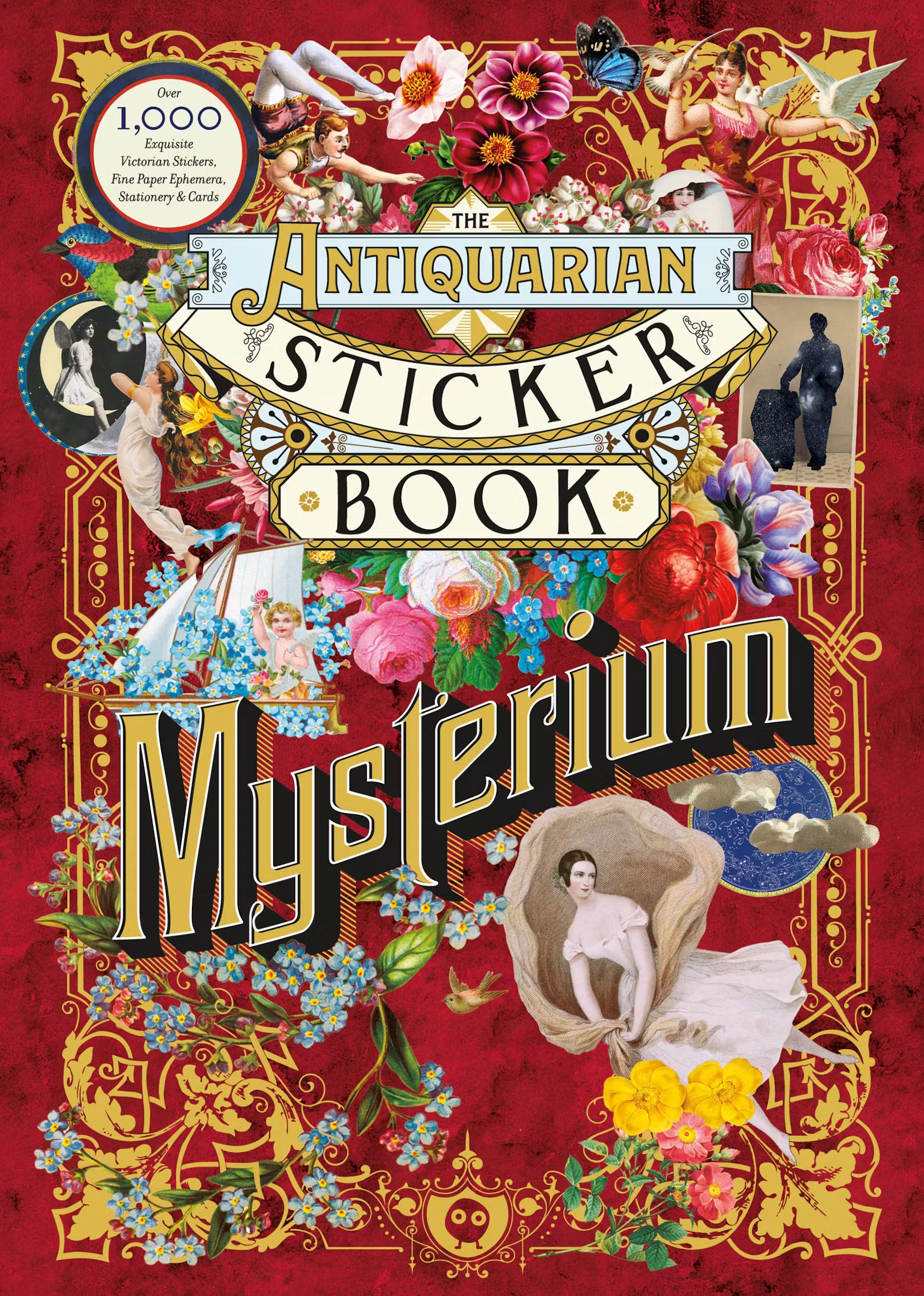 Cover of 'The Antiquarian Sticker Book Mysterium' with decorative elements and text.
