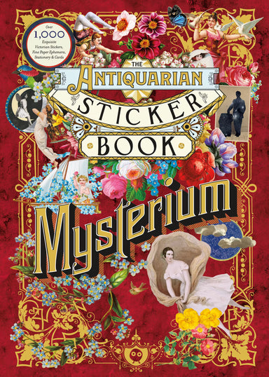 Cover of 'The Antiquarian Sticker Book Mysterium' with decorative elements and text.