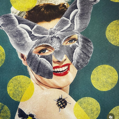 collage of woamn wearing moth mask with bugs and yellow circles