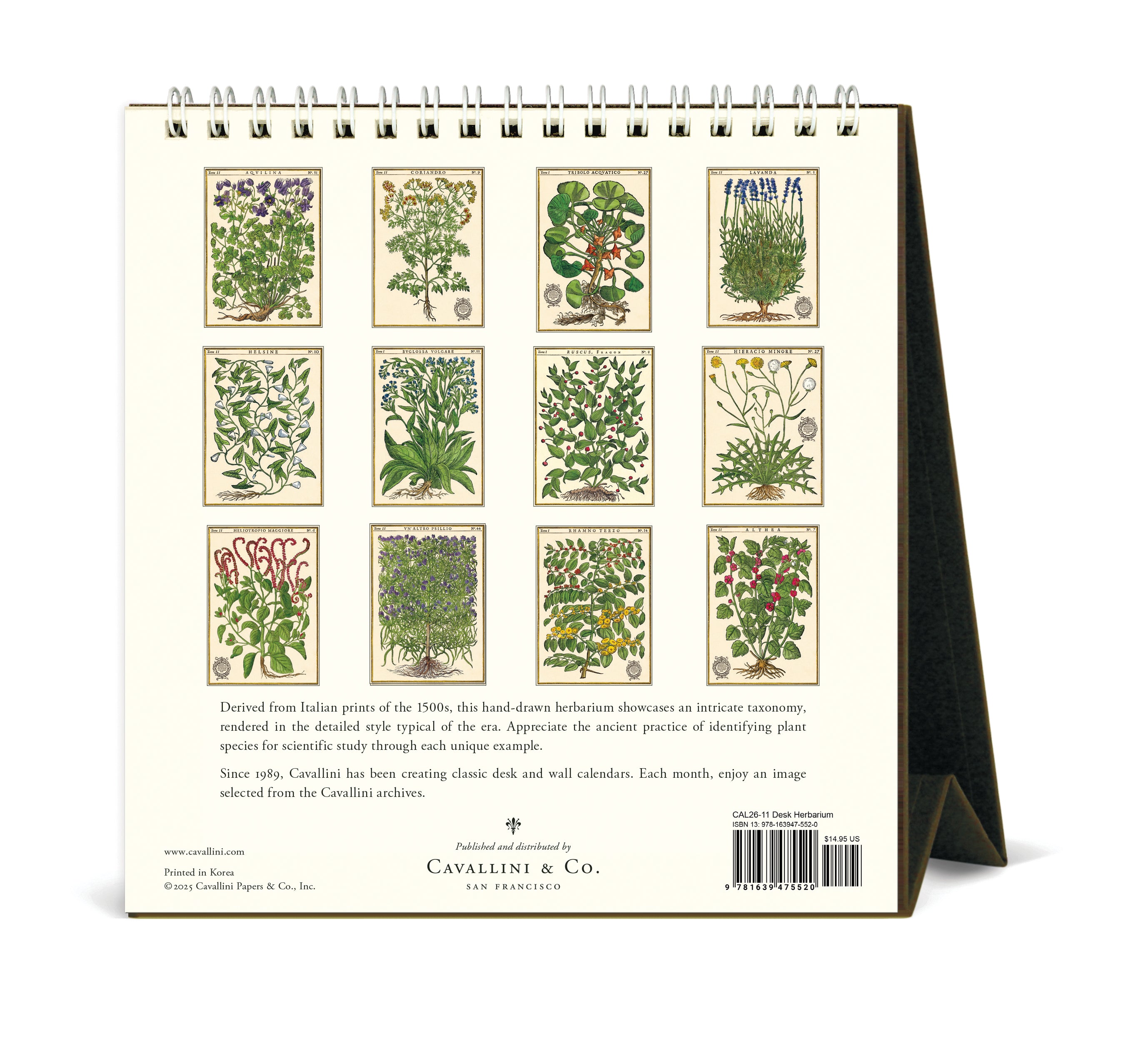 2026 Cavallini & Co. Herbarium Desk Calendar back cover image with 12 months of herbs