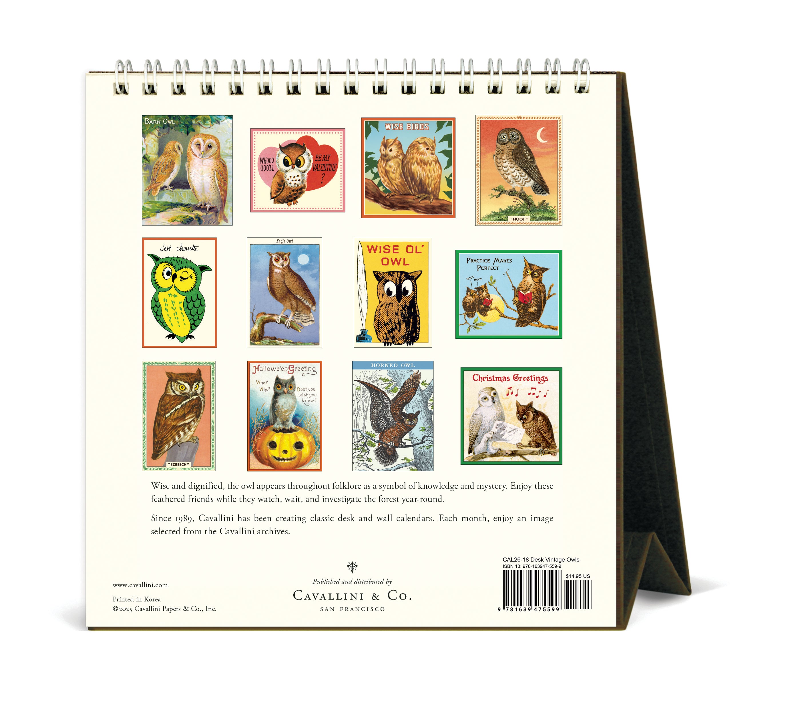 2026 Cavallini & Co. Vintage Owls Desk Calendar back cover image