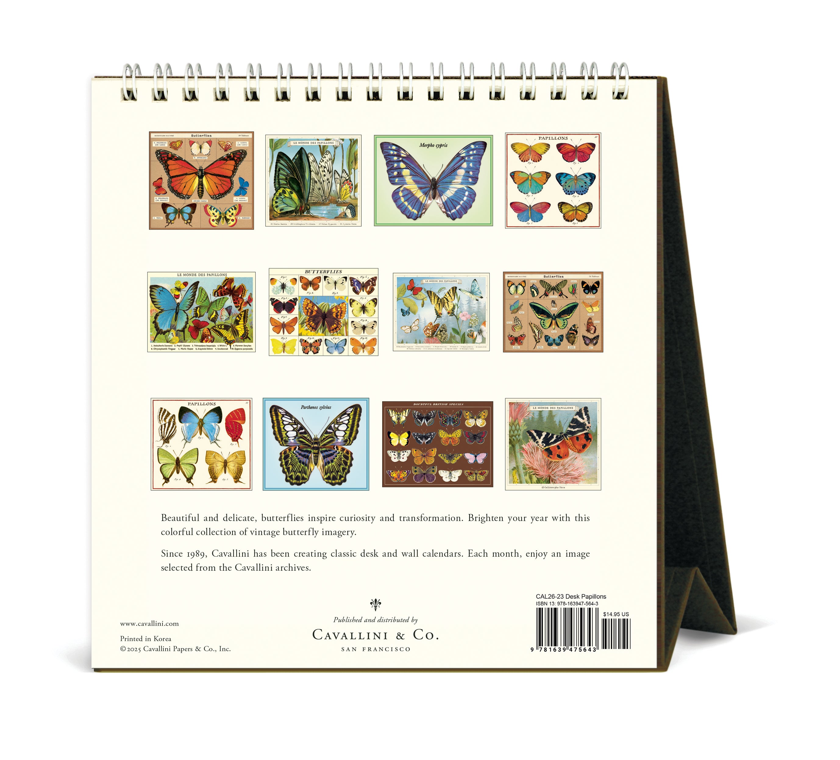 2026 Cavallini & Co. Papillions Desk Calendar-  images showing Calendar with vintage butterfly illustrations on a creme background