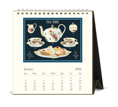 2026 Cavallini & Co. Tea Time Desk Calendar- NEW for 2026!- Calendar for January 2026 with tea-themed design on a white background