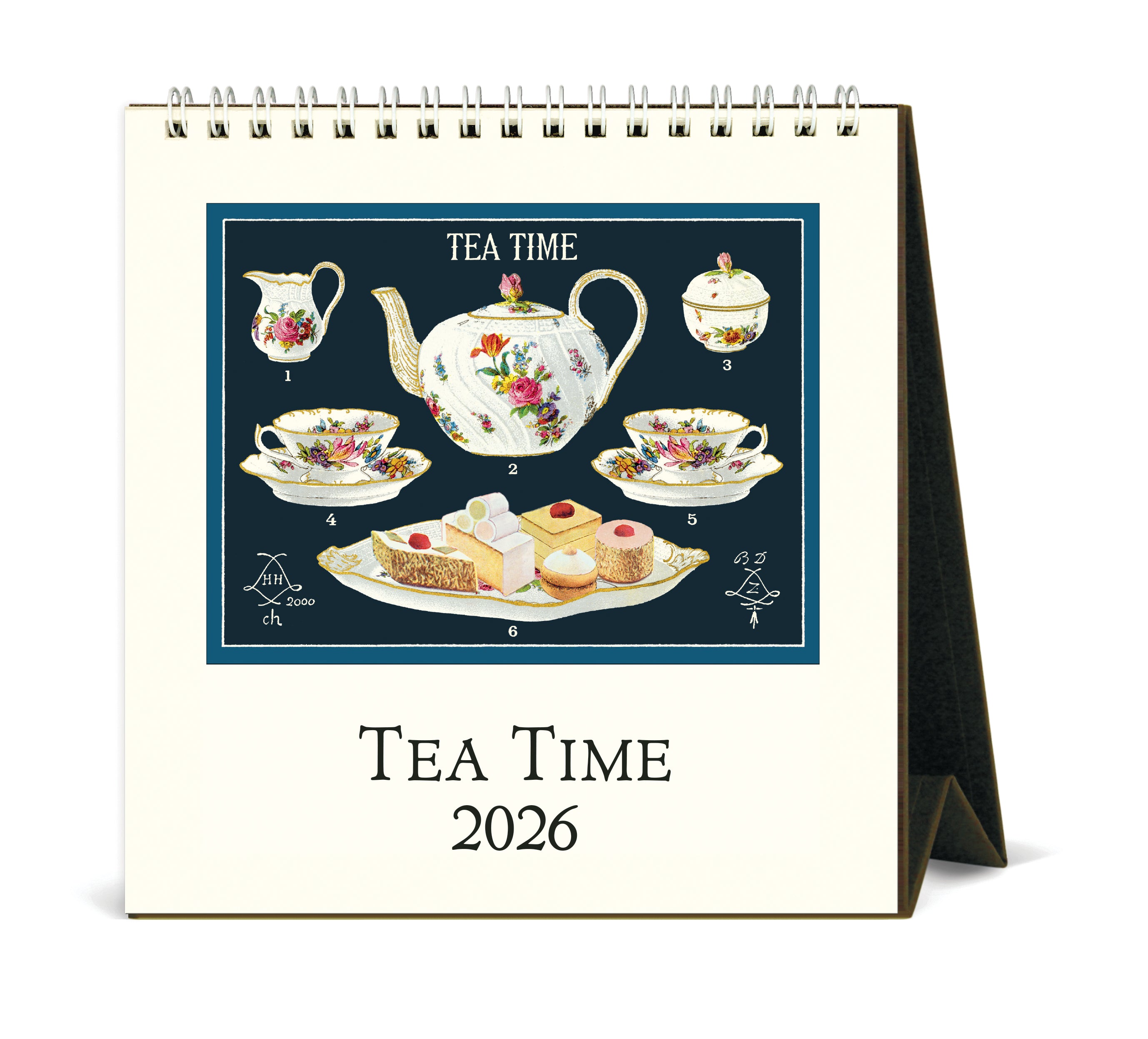 2026 Cavallini & Co. Tea Time 2026 calendar with illustrations of a teapot, cups, and cake on a white background