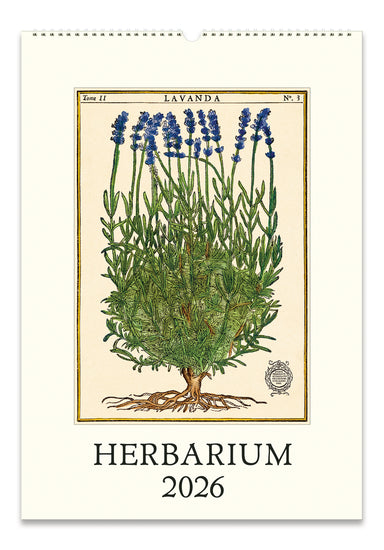 2026 Cavallini & Co. Herbarium Wall Calendar- front page image- Herbarium-themed calendar with lavender illustration and 'Herbarium 2026' text on a white background.