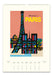 A Paris-themed wall calendar page featuring a colorful stylized illustration of the Eiffel Tower and Parisian buildings on a peach background, with the words 'Bienvenue à PARIS' and a monthly calendar grid below.