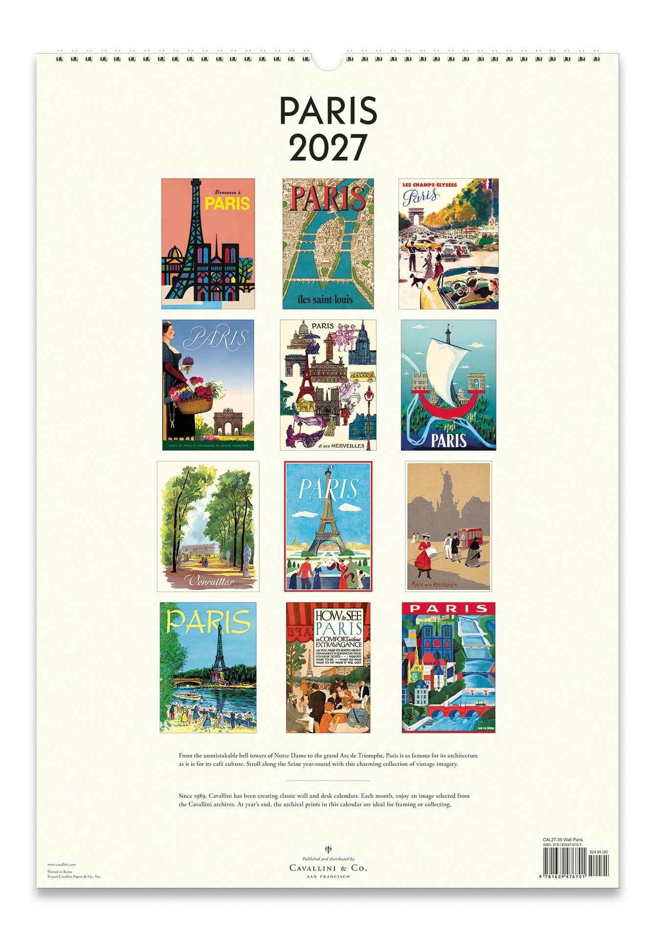Calendar back cover with illustrations of Paris scenes and 'Paris 2027' text.