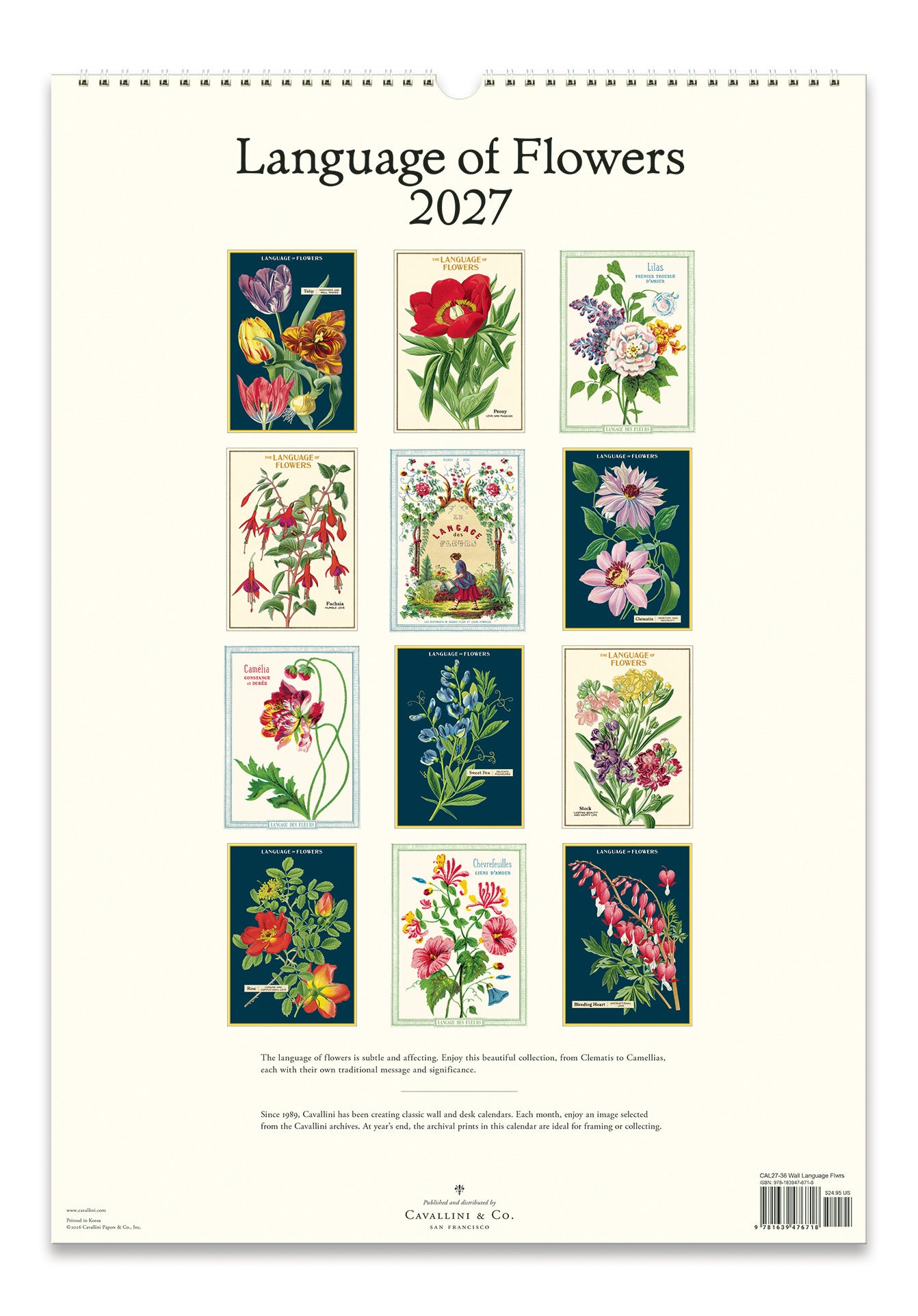 Calendar back cover with 'Language of Flowers 2027' and illustrations of flowers on a white background.
