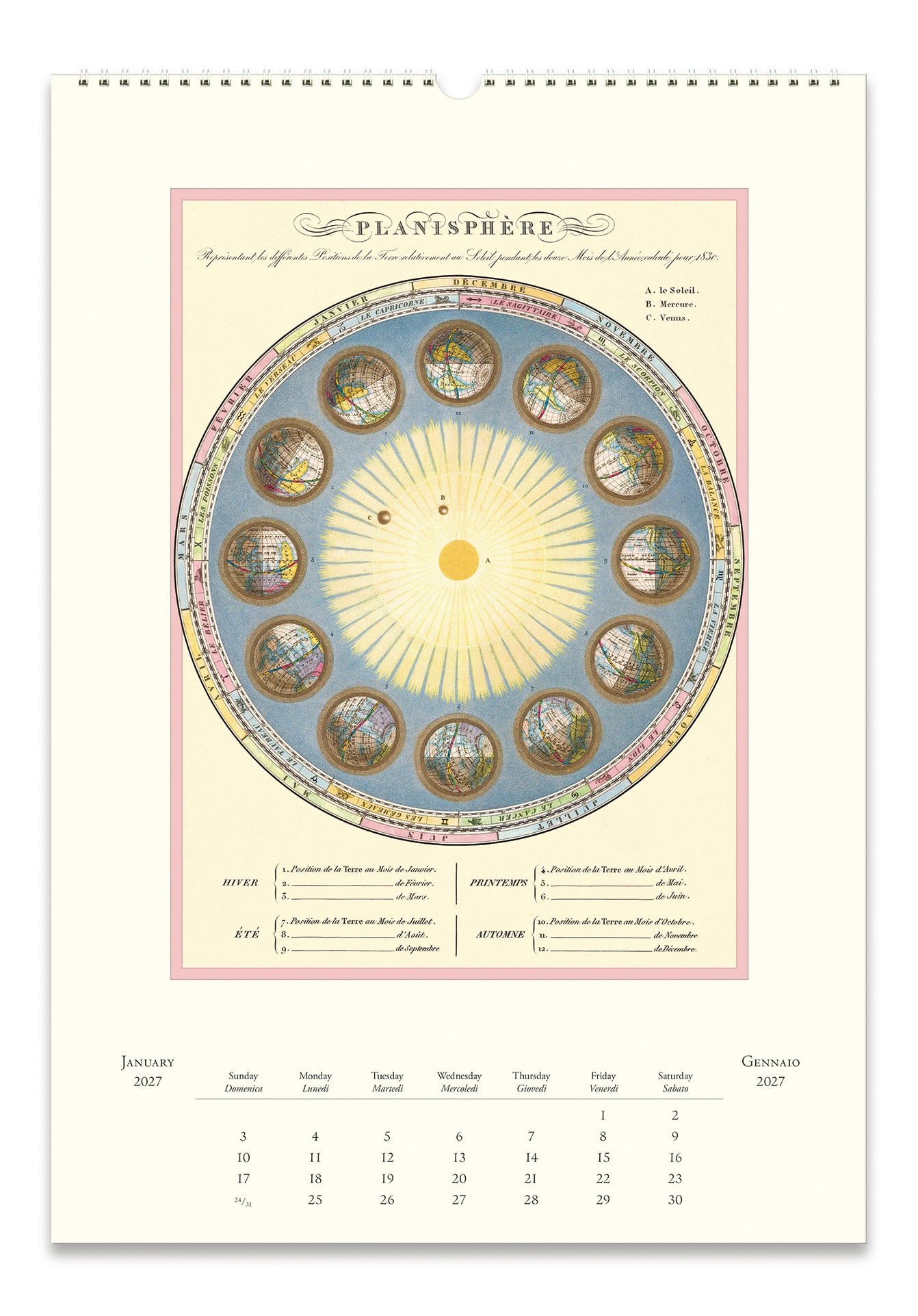 2027 Cavallini & Co. Astronomy Wall Calendar page titled 'PLANTESPHERE' showing a circular botanical diagram with illustrated plant spheres and a monthly calendar grid at the bottom, photographed against a plain white background.