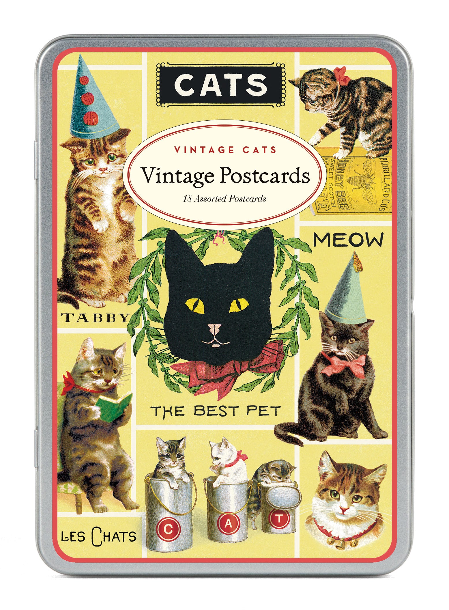Collection of vintage-style cat postcards in a tin box with illustrations and text.