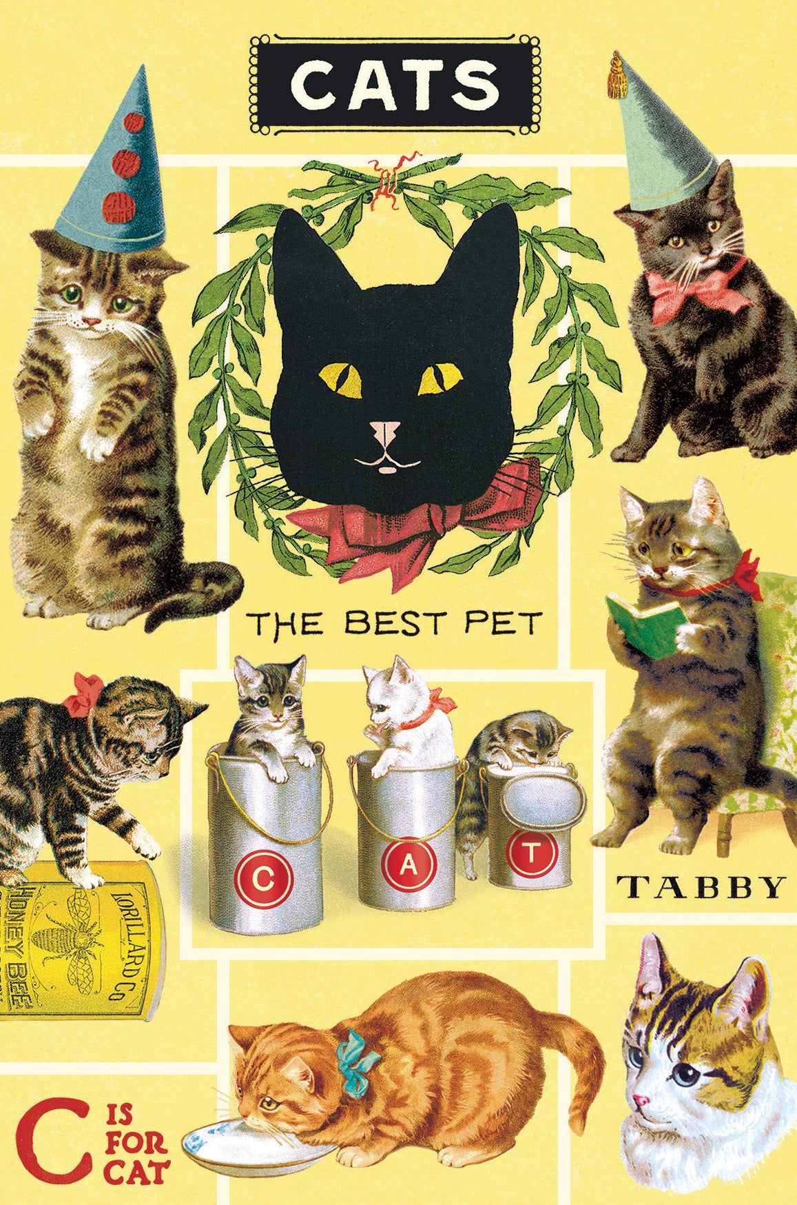 Included postcard example- Collage of cats in various poses with text and graphics on a yellow background