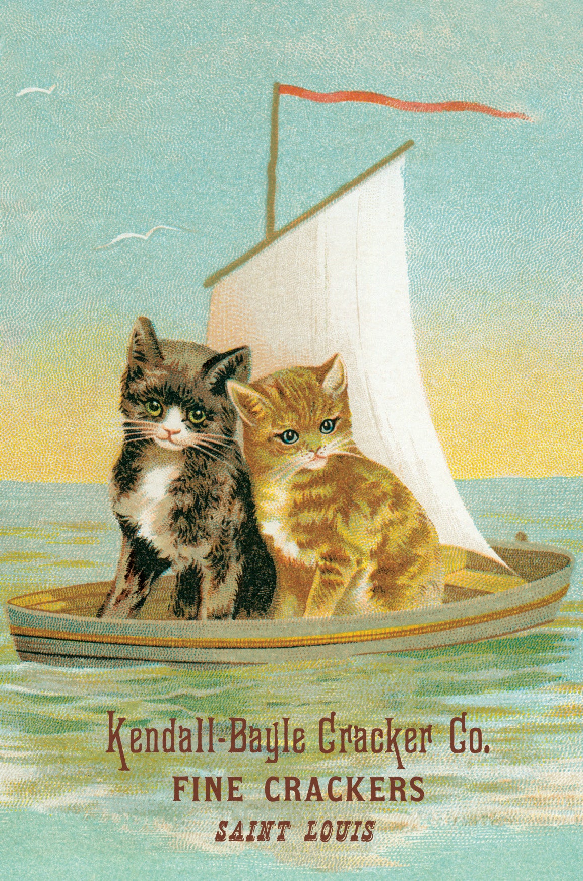 Included postcard example- Two cats in a sailboat with a vintage advertisement for Kendall-Baile Cracker Co. in the background.