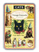 Collection of vintage-style cat postcards in a tin box with illustrations and text.
