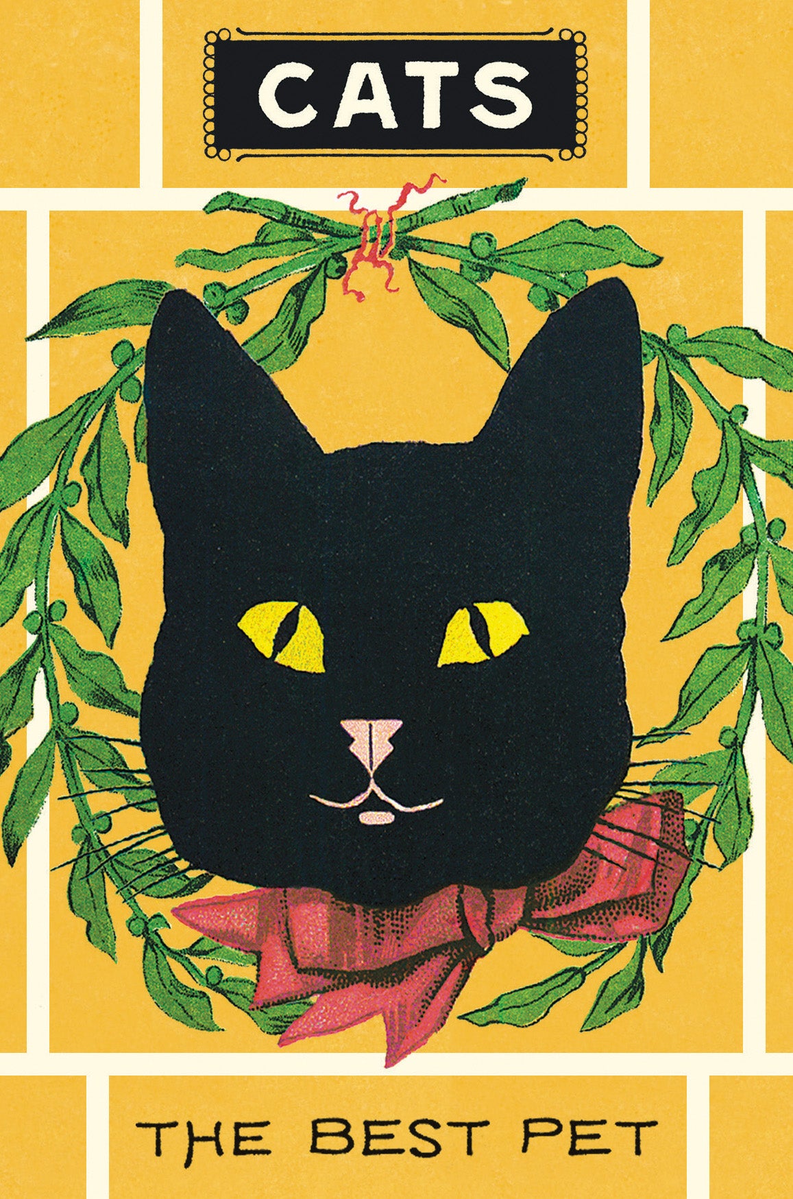 Included postcard example- Black cat illustration with green leaves on a yellow background, featuring text 'Cats: The Best Pet'.