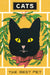 Included postcard example- Black cat illustration with green leaves on a yellow background, featuring text 'Cats: The Best Pet'.